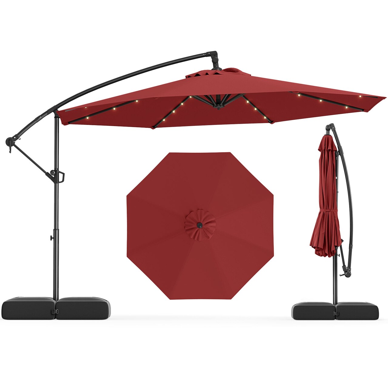 Dyed Polyester LED Offset Hanging Umbrella, 10x8.5 ft, 360 Tilt and Base